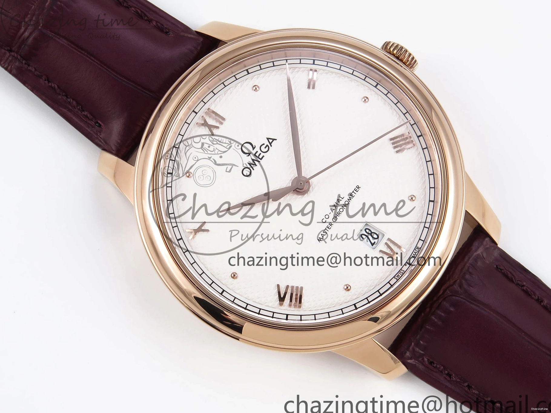 0121 Modern De Ville Date RG MKF 1:1 Best Edition White Textured Dial Roman Marker on Brown Leather Strap A 7752